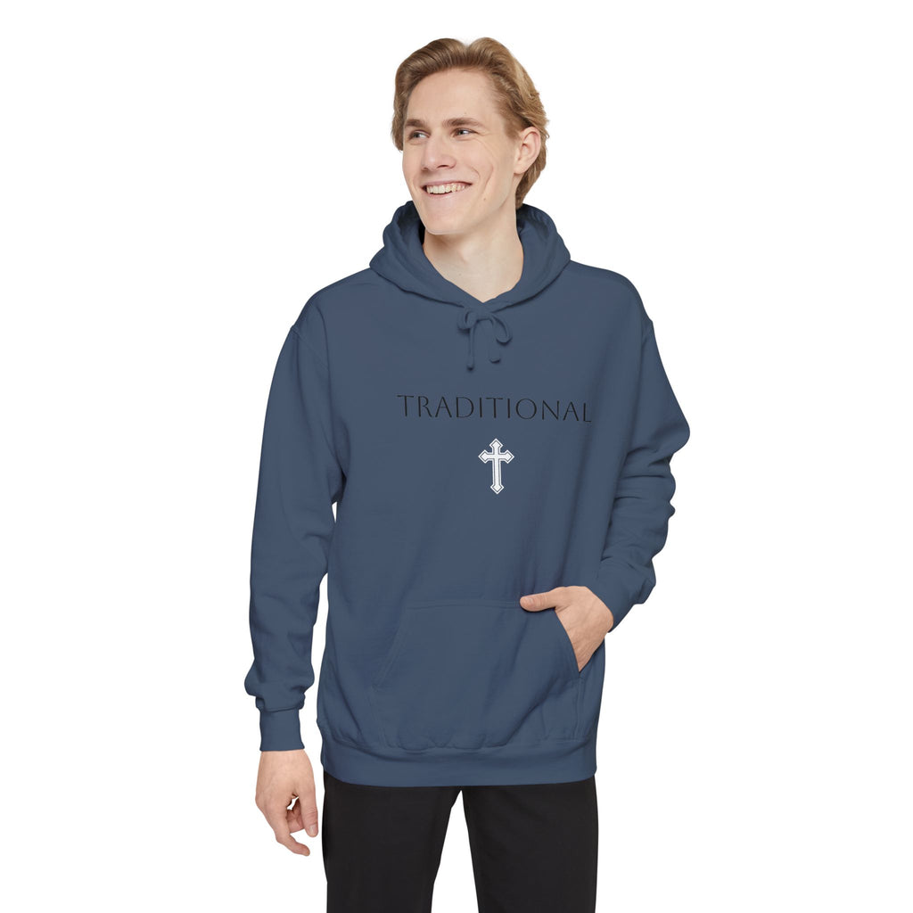 Traditional Cross Hoodie — Garment-Dyed Pullover with Decorative Cross
