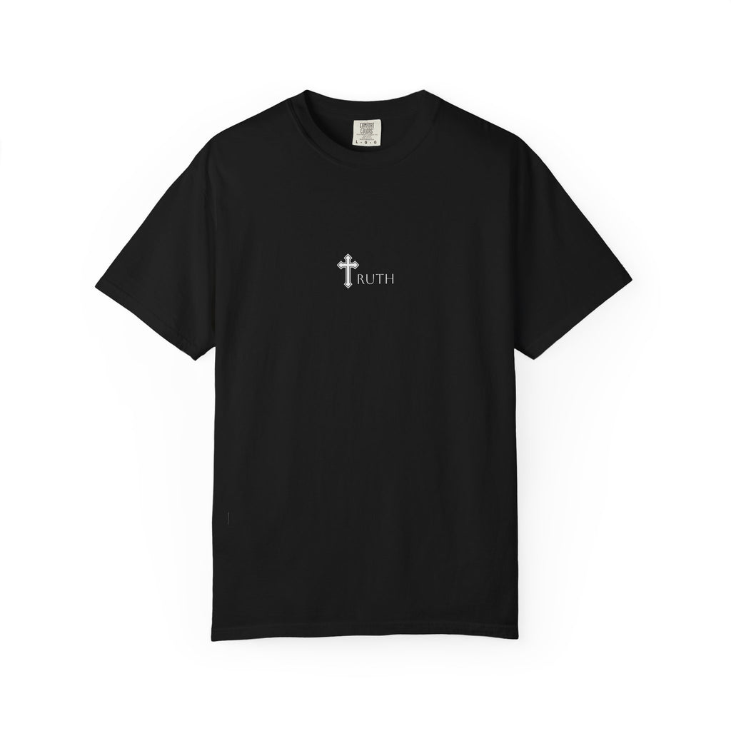 Truth Cross T‑Shirt — Black Christian Jesus Graphic Tee (Back Portrait, Front Logo)