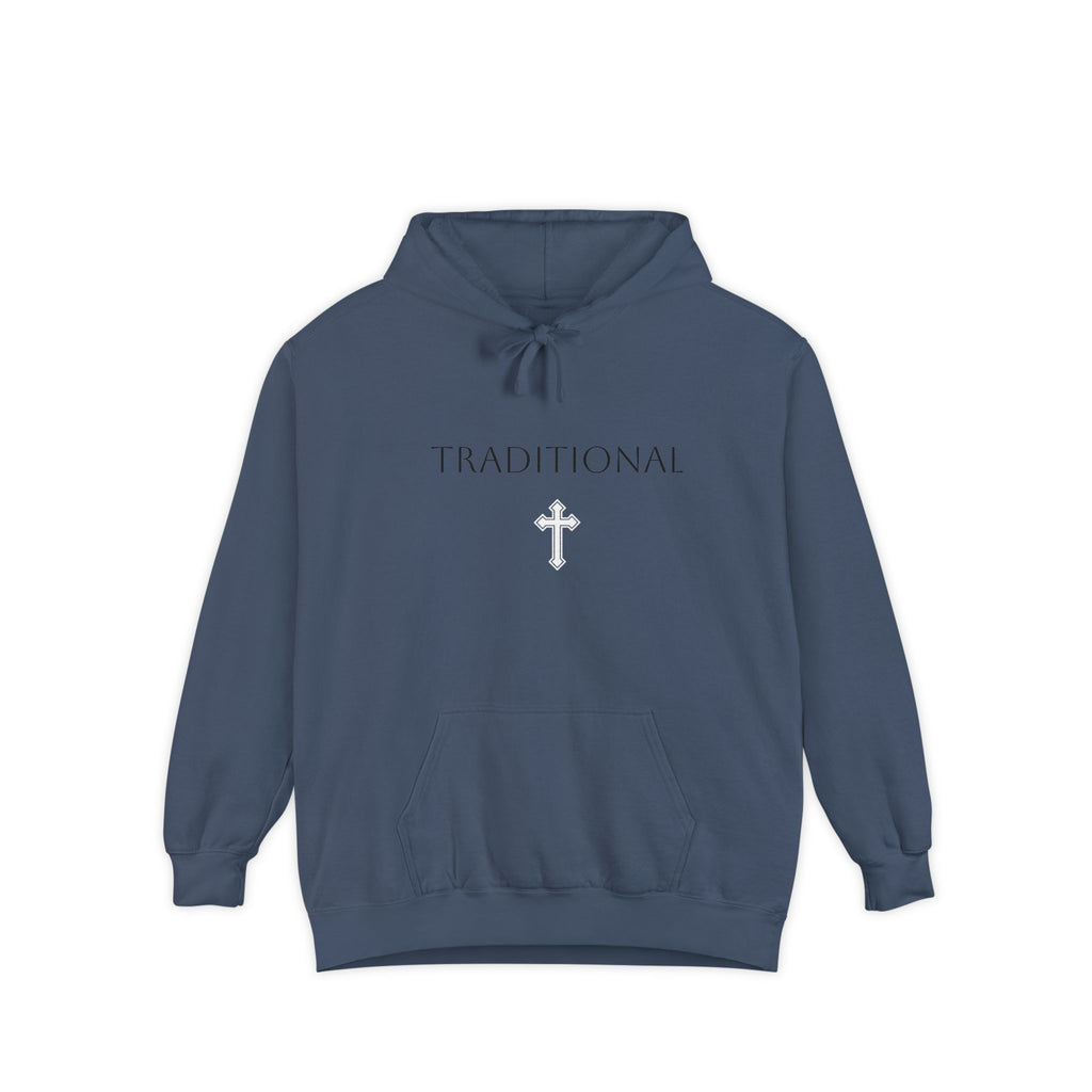 Traditional Cross Hoodie — Garment-Dyed Pullover with Decorative Cross