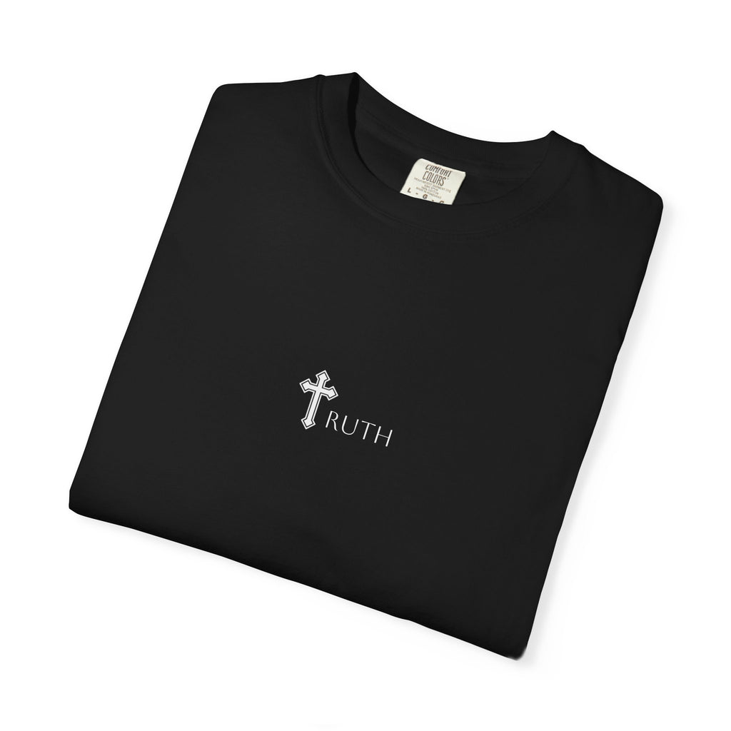 Truth Cross T‑Shirt — Black Christian Jesus Graphic Tee (Back Portrait, Front Logo)