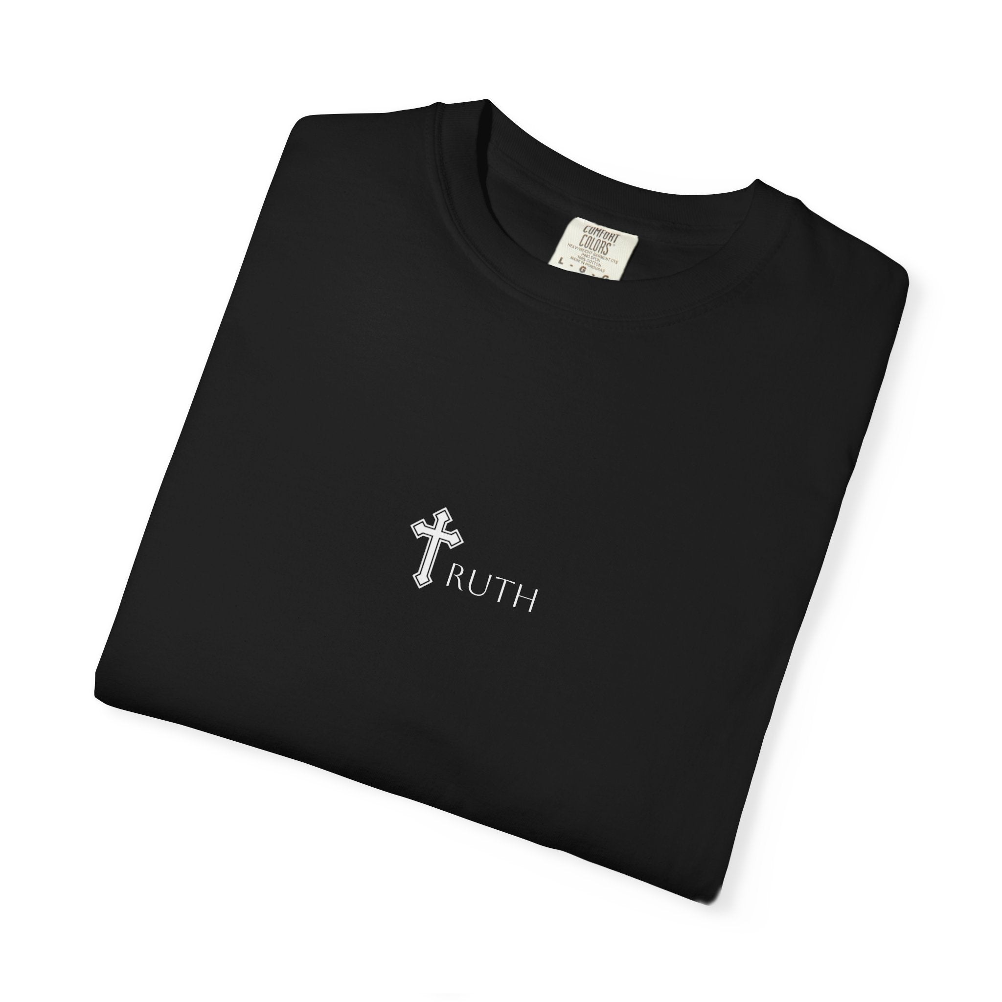 Truth Cross T‑Shirt — Black Christian Jesus Graphic Tee (Back Portrait, Front Logo)