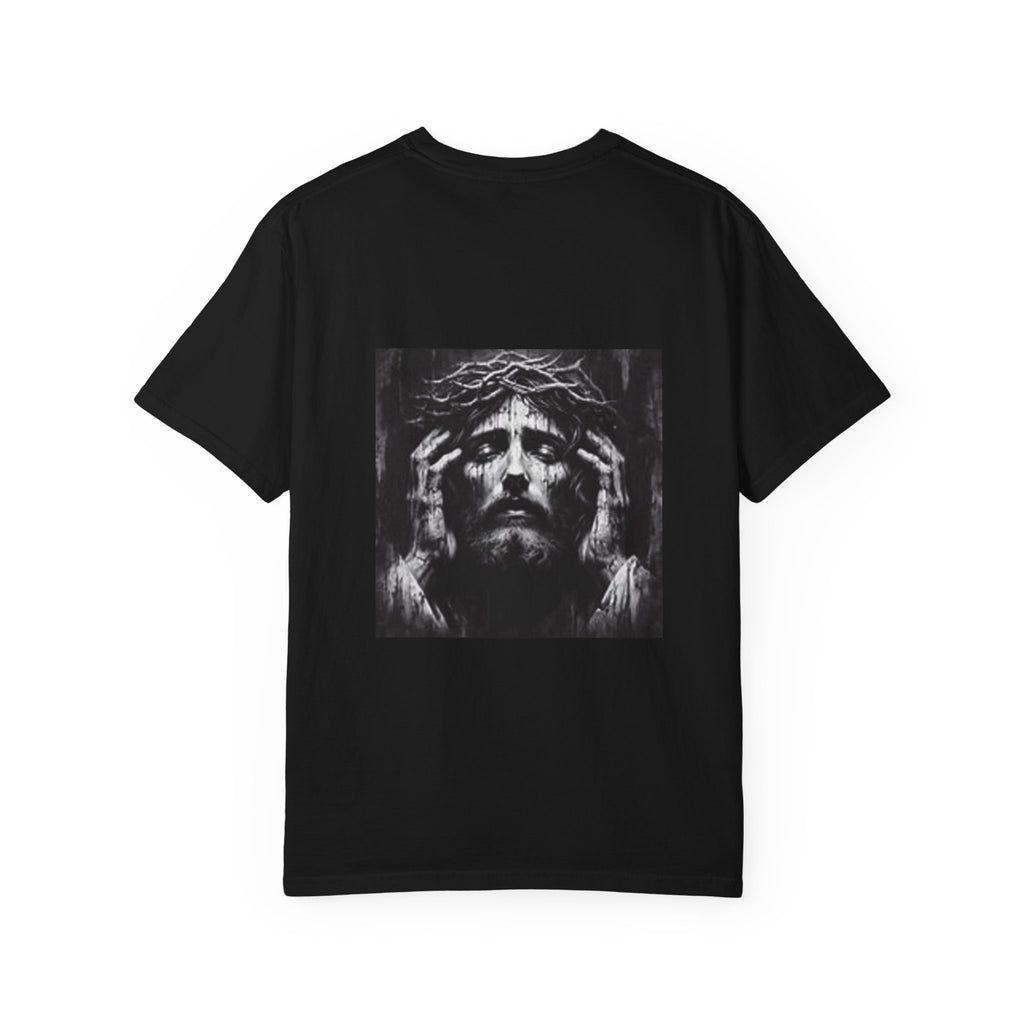 Truth Cross T‑Shirt — Black Christian Jesus Graphic Tee (Back Portrait, Front Logo)