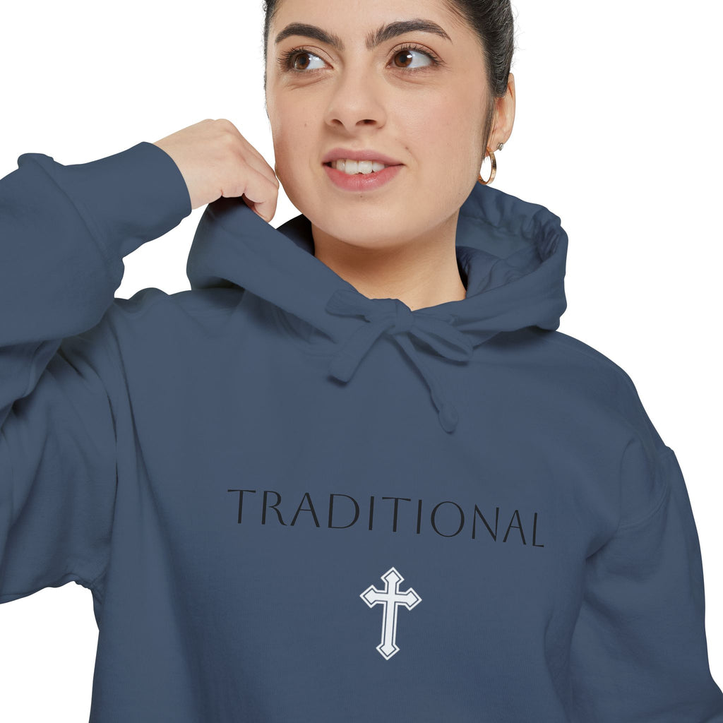Traditional Cross Hoodie — Garment-Dyed Pullover with Decorative Cross