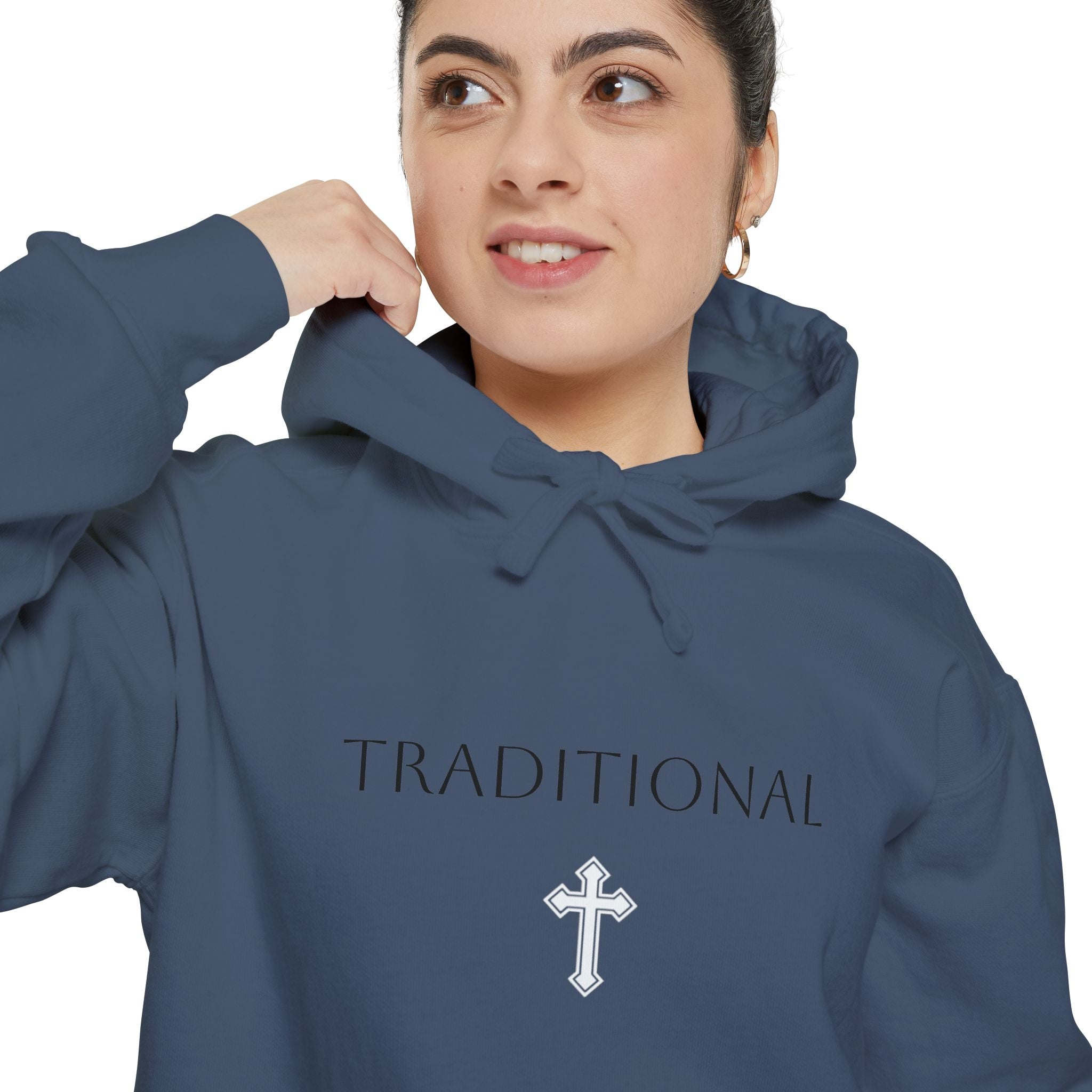 Traditional Cross Hoodie — Garment-Dyed Pullover with Decorative Cross