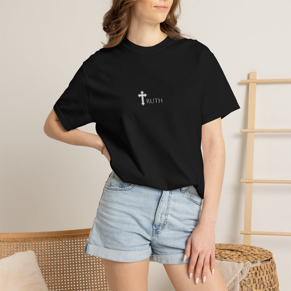Truth Cross T‑Shirt — Black Christian Jesus Graphic Tee (Back Portrait, Front Logo)
