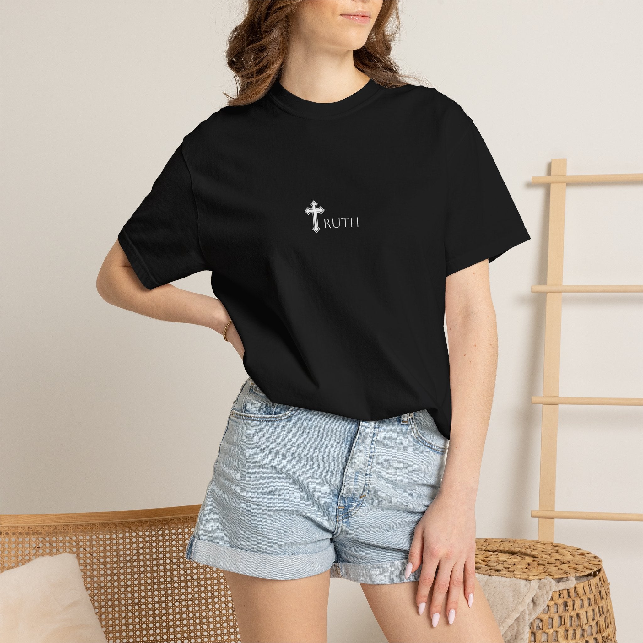 Truth Cross T‑Shirt — Black Christian Jesus Graphic Tee (Back Portrait, Front Logo)