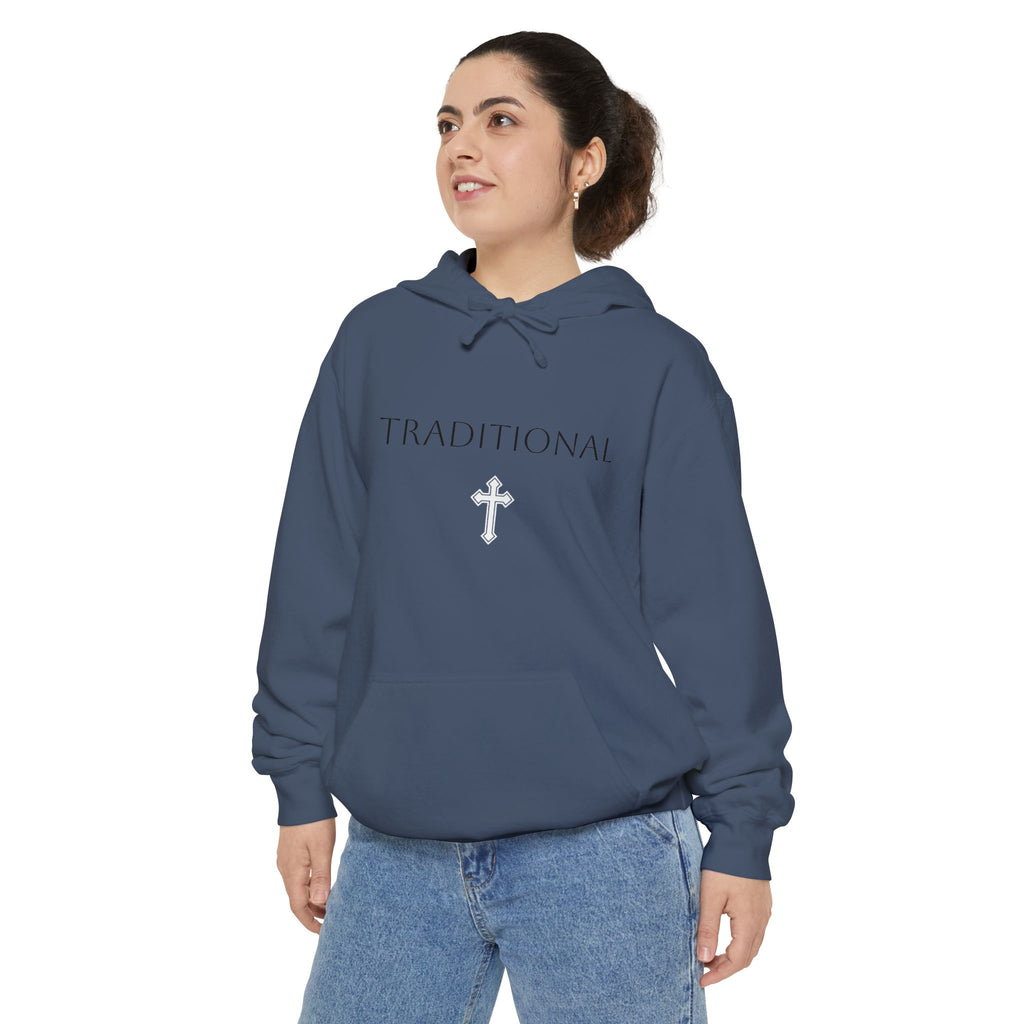 Traditional Cross Hoodie — Garment-Dyed Pullover with Decorative Cross